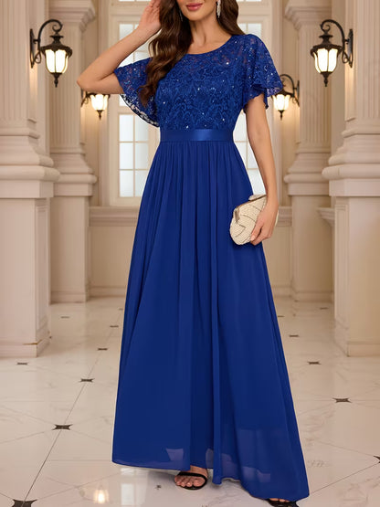 Women's Lace Round Neck Maxi Dress | Formal Party Wear