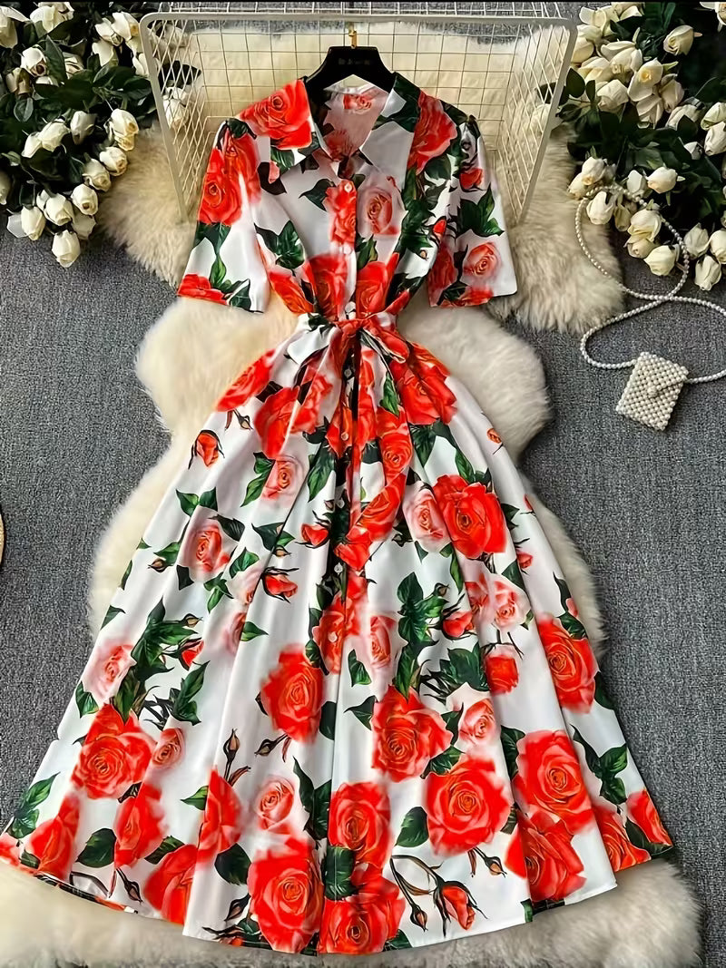 Women's Premium Floral Belted Midi Dress