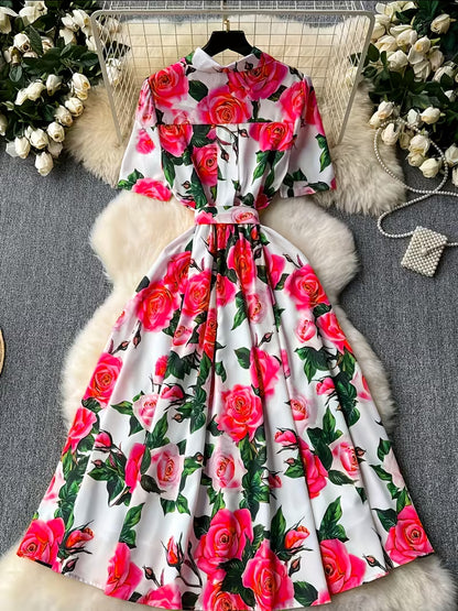 Women's Premium Floral Belted Midi Dress
