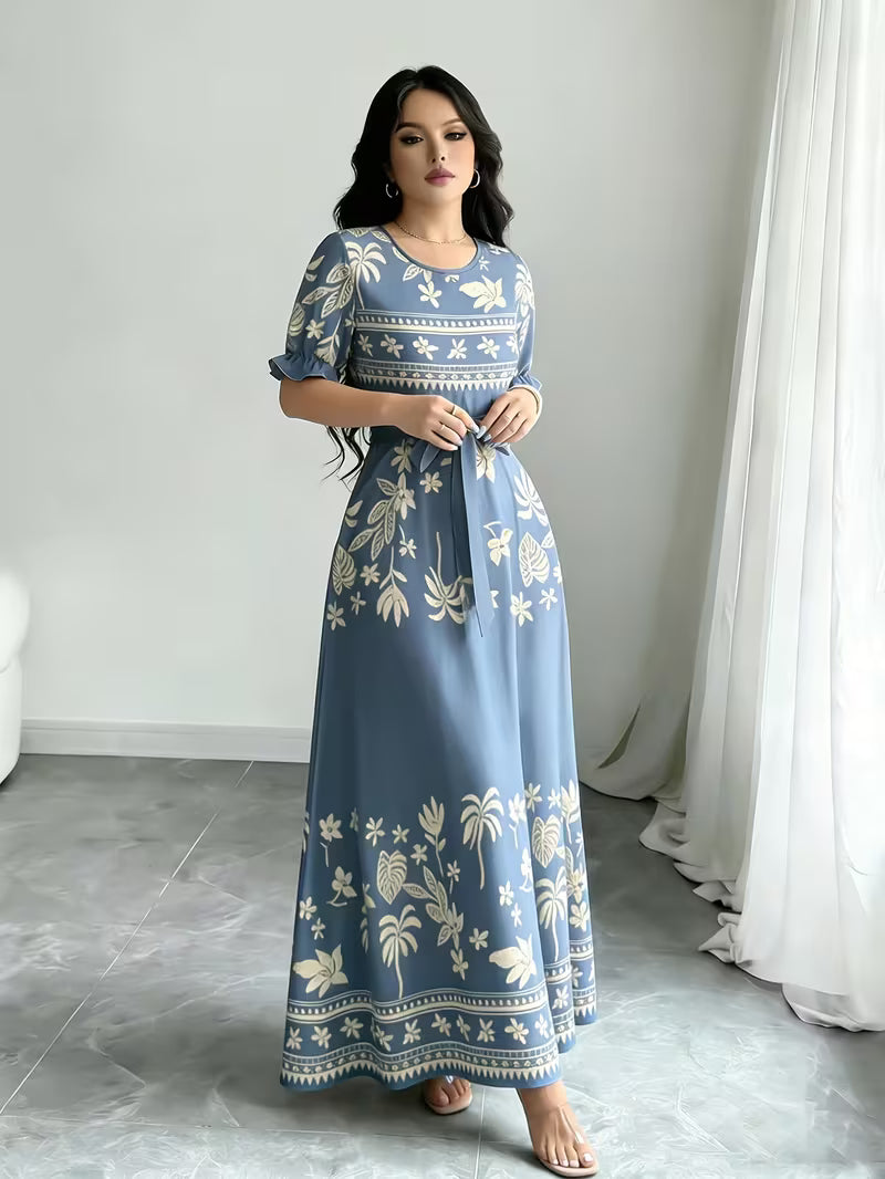 Women's Printed Belted Maxi Dress | Elegant Puff Sleeve Summer Dress