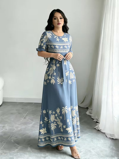 Women's Printed Belted Maxi Dress | Elegant Puff Sleeve Summer Dress