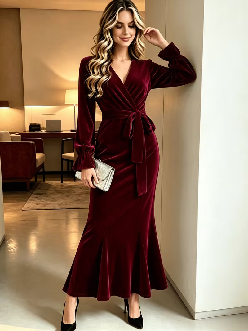 Women's Velvet Mermaid Maxi Dress | Elegant V-Neck Evening Gown