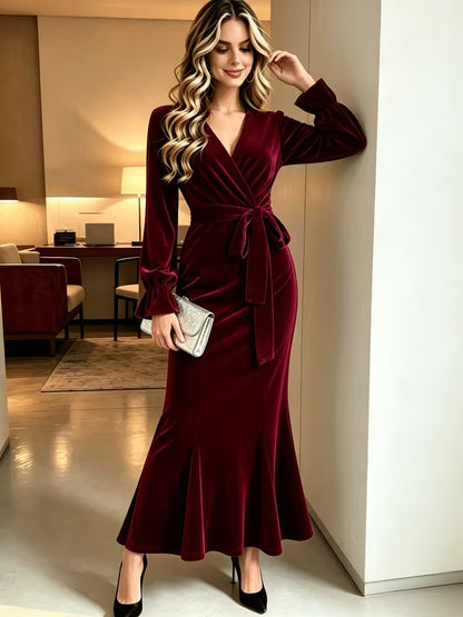 Women's Velvet Mermaid Maxi Dress | Elegant V-Neck Evening Gown