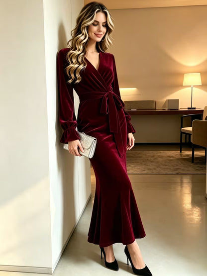 Women's Velvet Mermaid Maxi Dress | Elegant V-Neck Evening Gown