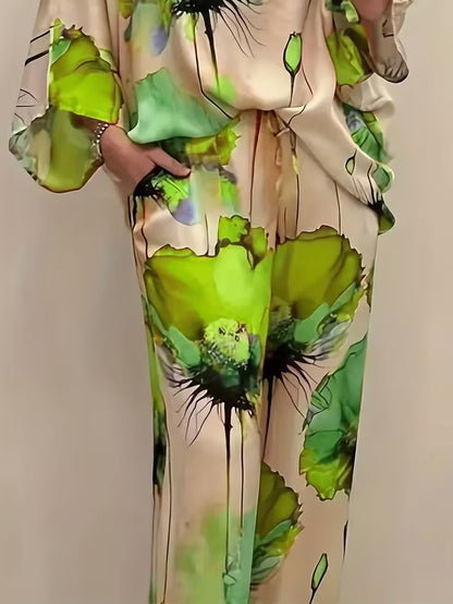 Women’s Plus-Size Casual 2-Piece Set – Off-Shoulder Batwing Top & Printed Pants