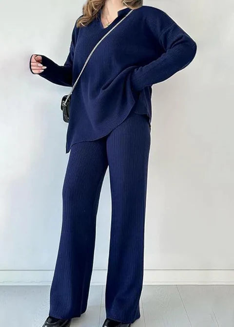 V-Neck Casual Slit Knitted Two-Piece Set