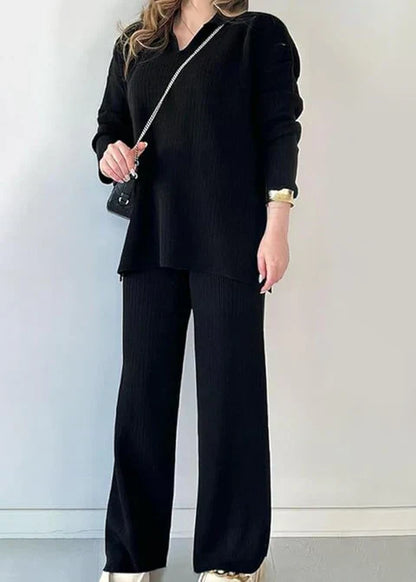 V-Neck Casual Slit Knitted Two-Piece Set