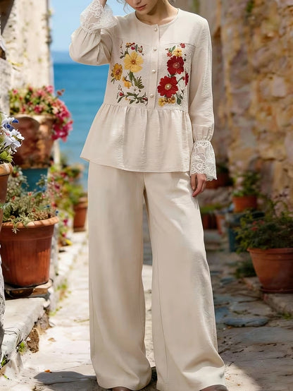 Women's Vintage Floral V-Neck Co-Ord Set with Relaxed Wide-Leg Pants