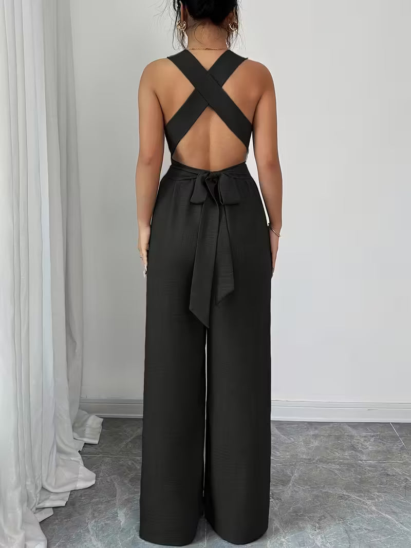 Elegant Cross-Back Wide Leg Jumpsuit for Women – Sleeveless Backless Casual Party Romper