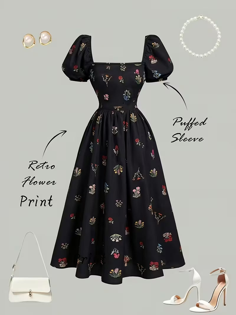 Women's Vintage Floral Puff Sleeve Midi Dress