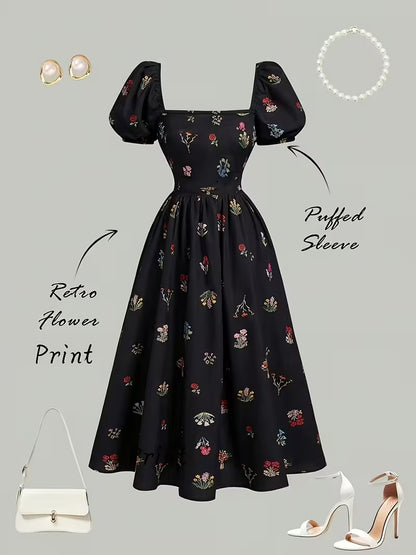 Women's Vintage Floral Puff Sleeve Midi Dress