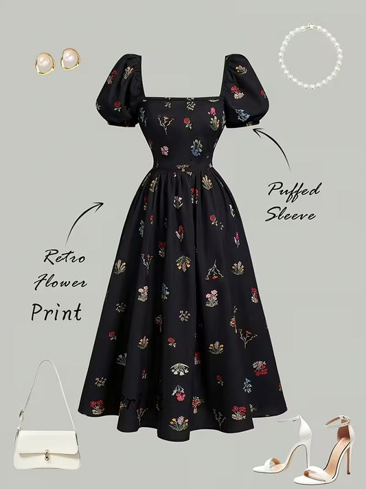 Women's Vintage Floral Puff Sleeve Midi Dress