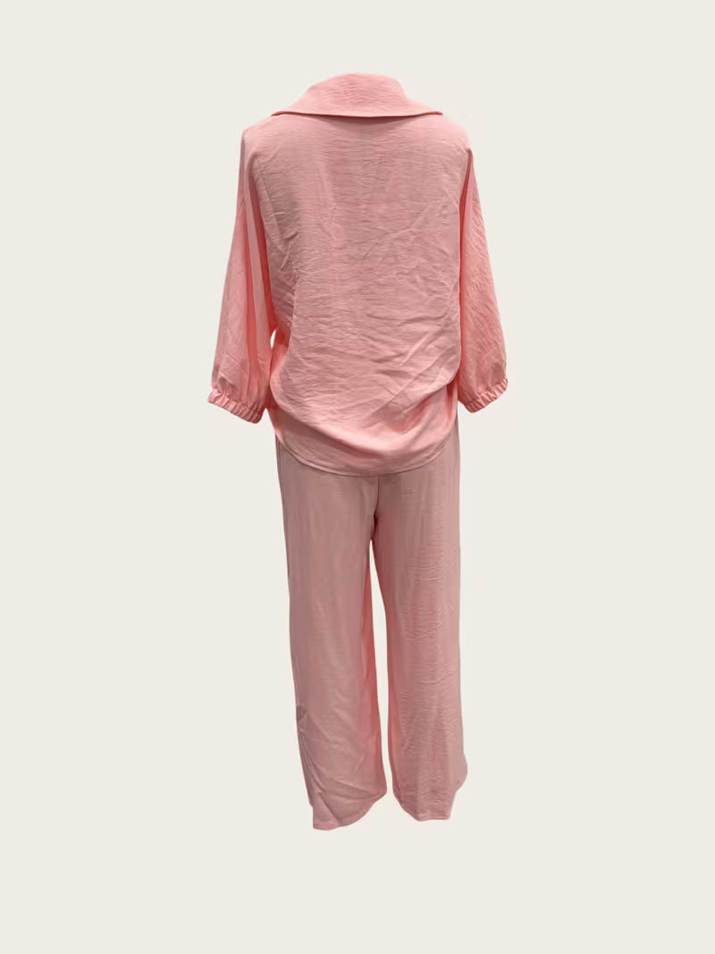 Women's Peter Pan Collar 2-Piece Co-Ord Set | Elegant Shirt & Wide-Leg Pants