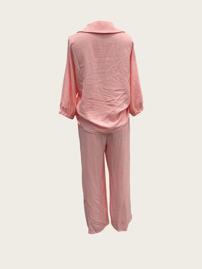 Women's Peter Pan Collar 2-Piece Co-Ord Set | Elegant Shirt & Wide-Leg Pants