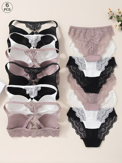 Pack of 6  Women’s Floral Lace Bra & Panty Set  Comfortable & Sexy Lingerie