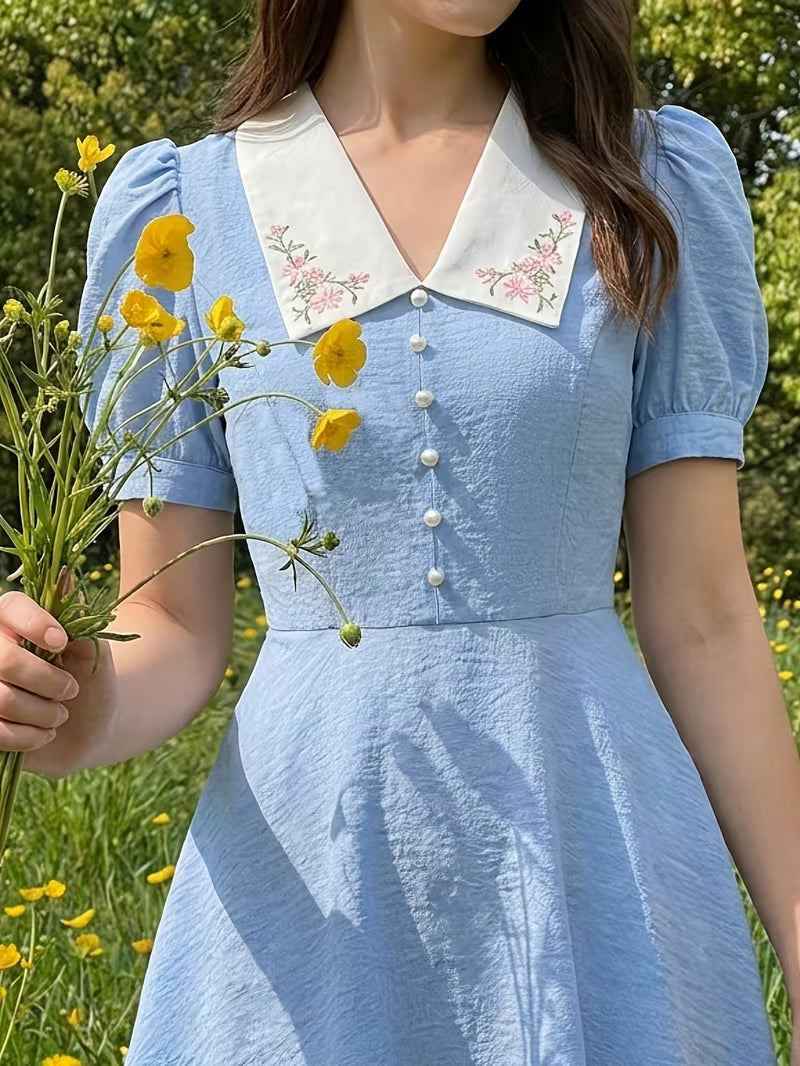 Women's Vintage Floral Puff Sleeve Midi Dress