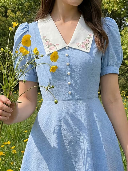 Women's Vintage Floral Puff Sleeve Midi Dress