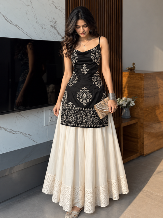 Women’s Embroidered Kurti & Flared Skirt Set