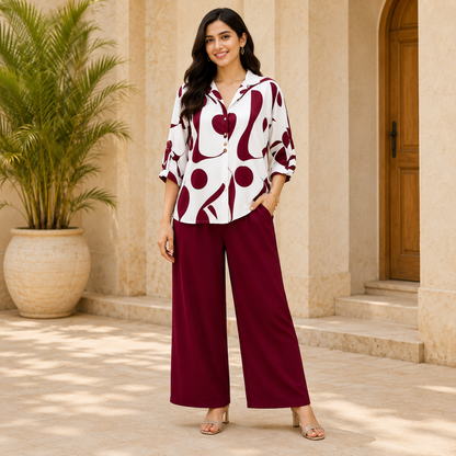 Elegant Abstract Print Shirt & Wide-Leg Pants Set