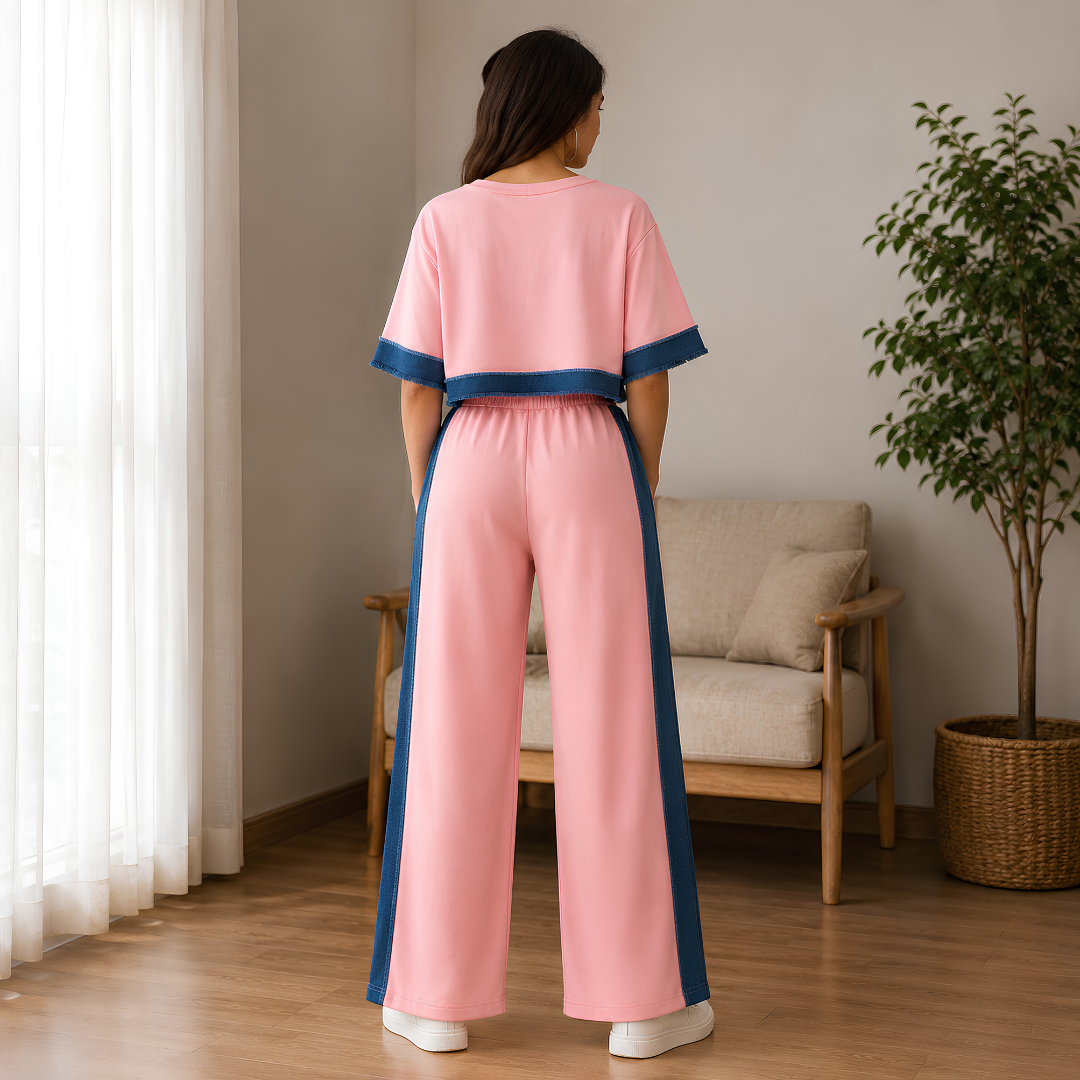 Women's Denim Patchwork 2-Piece Co-Ord Set | Premium Top & Straight-Leg Pants