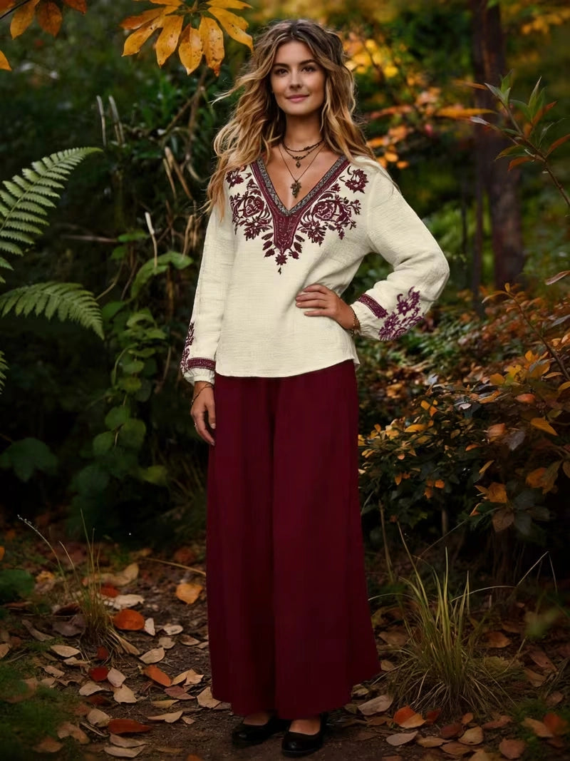 Women's Vintage Floral V-Neck Co-Ord Set with Relaxed Wide-Leg Pants