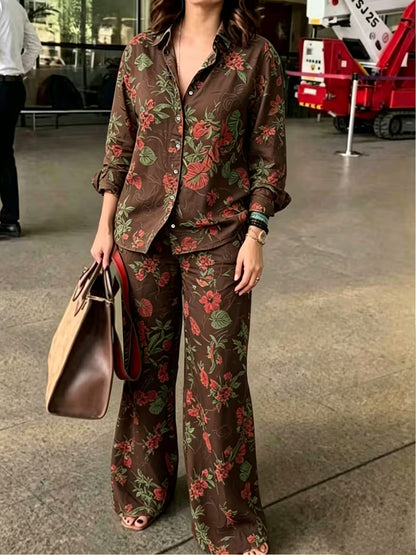 Women's Vintage Floral 2-Piece Co-Ord Set | Botanical Shirt & Straight-Leg Pants
