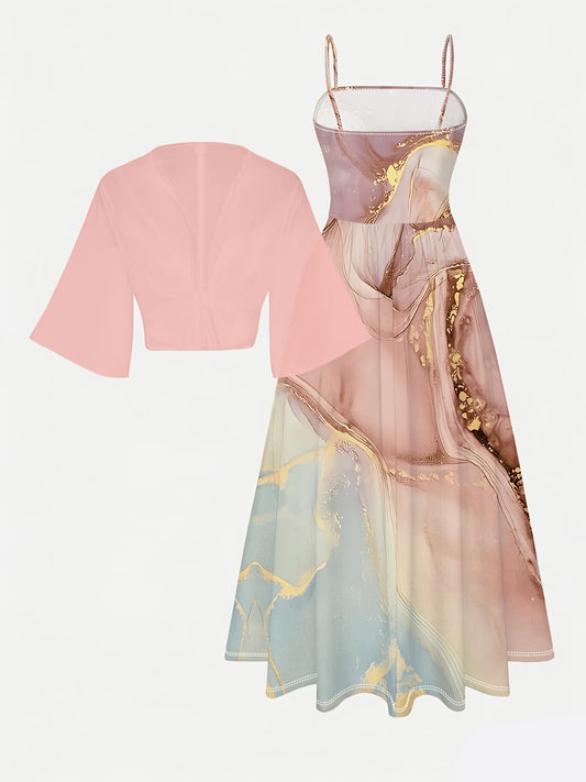 Elegant Women's Vintage Artistic Floral Print Dress Set