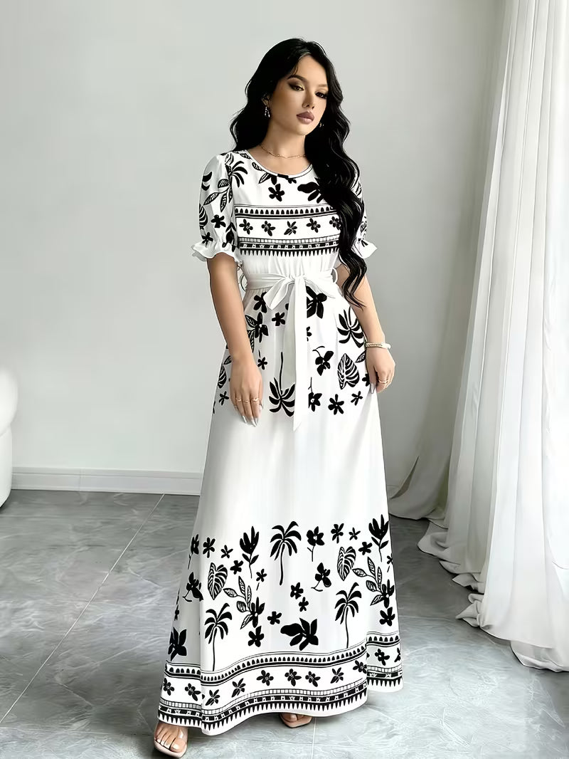 Women's Printed Belted Maxi Dress | Elegant Puff Sleeve Summer Dress