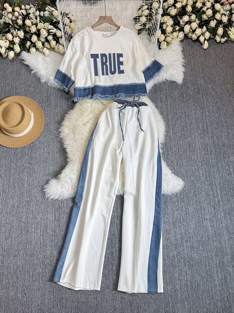 Women's Denim Patchwork 2-Piece Co-Ord Set | Premium Top & Straight-Leg Pants