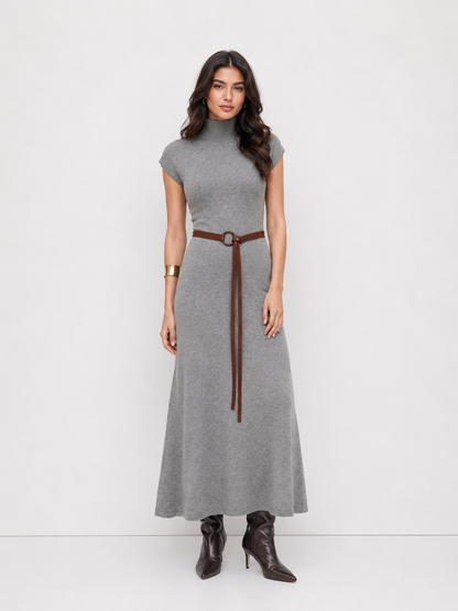 Women's Premium Belted Mock Neck Maxi Dress