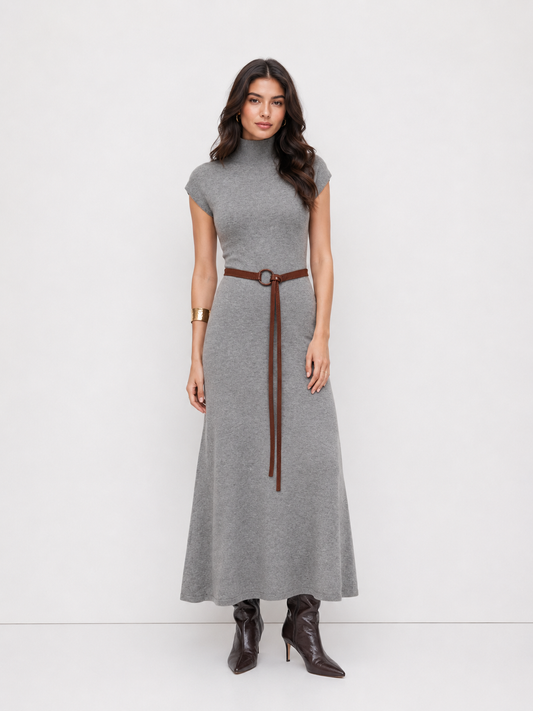 Women's Premium Belted Mock Neck Maxi Dress