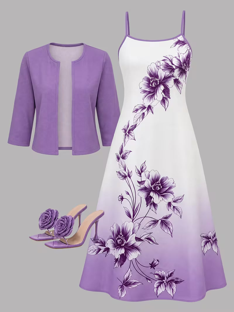 Elegant Artistic Floral Print 2-Piece Dress Set