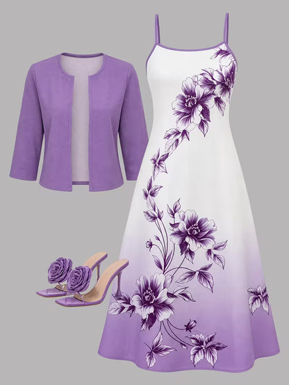 Elegant Artistic Floral Print 2-Piece Dress Set