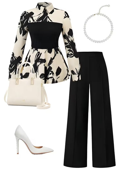 Women's Elegant Long Sleeve Top & Pants Set