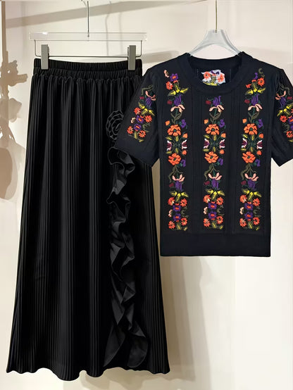 Rose Embroidery Top & Midi Skirt Set
