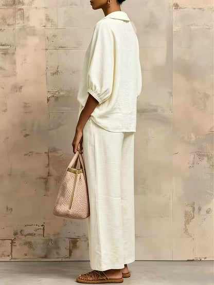 Women's Peter Pan Collar 2-Piece Co-Ord Set | Elegant Shirt & Wide-Leg Pants