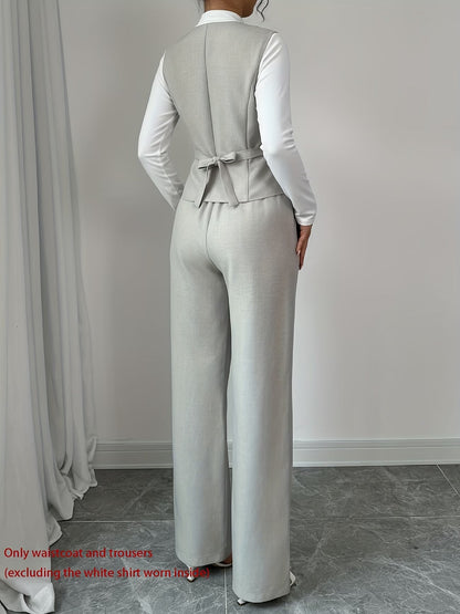 Women's Sleeveless Waist-Cinched Vest & Wide-Leg Pants Two-Piece Set