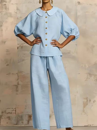 Women's Peter Pan Collar 2-Piece Co-Ord Set | Elegant Shirt & Wide-Leg Pants