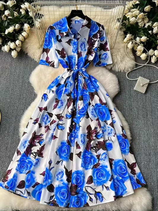 Women's Premium Floral Belted Midi Dress