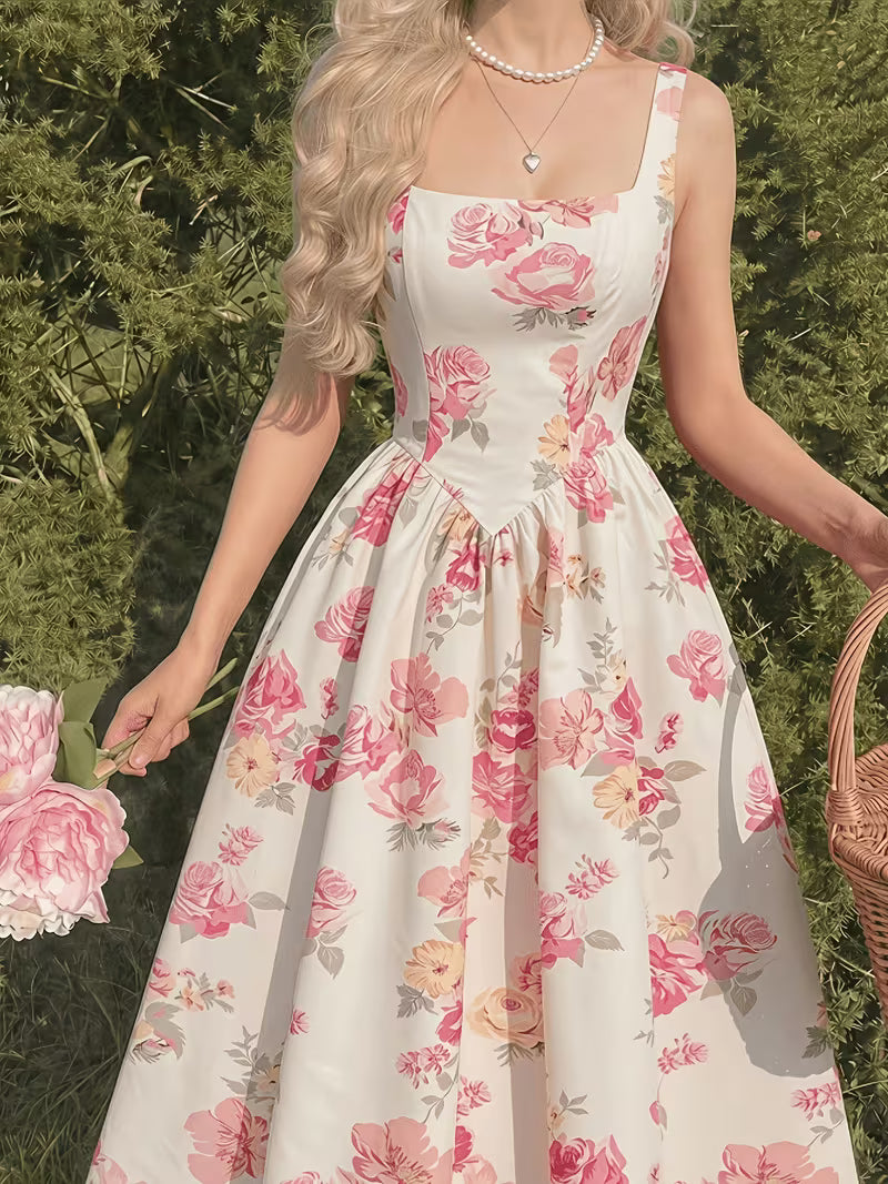 Women's Premium Floral Tie Strap Midi Dress