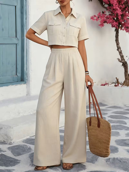 Women's Solid Lapel 2-Piece Co-Ord Set | Elegant Shirt & Wide-Leg Pants Outfit