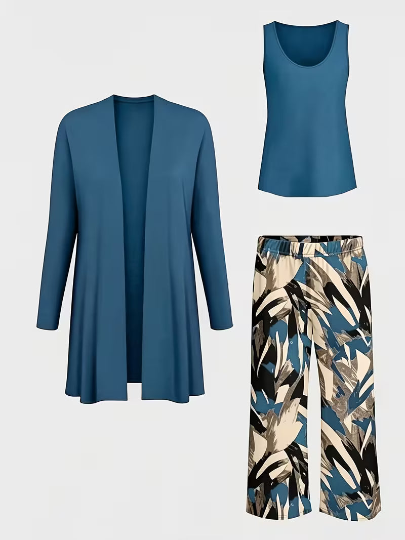 Women's 3-Piece Printed Co-Ord Set | Cardigan, Tank Top & Wide-Leg Pants