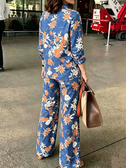 Women's Vintage Floral 2-Piece Co-Ord Set | Botanical Shirt & Straight-Leg Pants