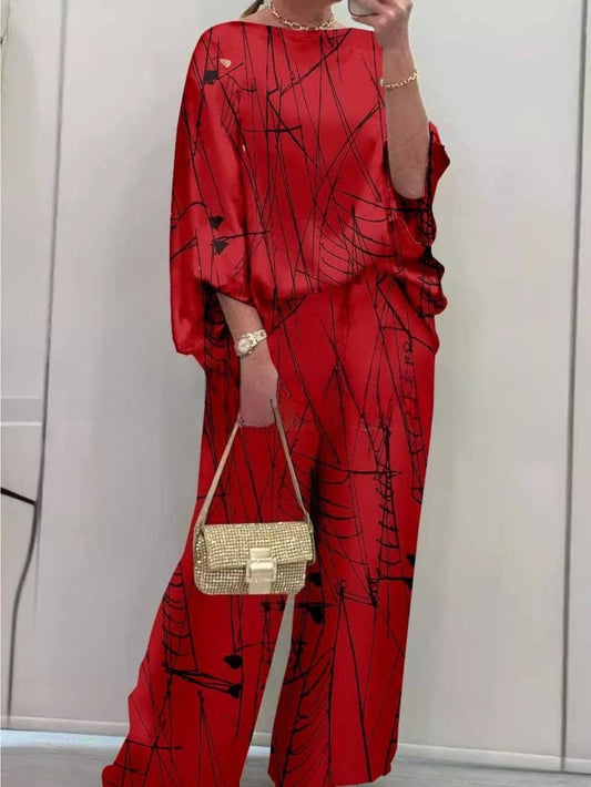 Women's Elegant Printed Batwing Sleeve Two-Piece Set