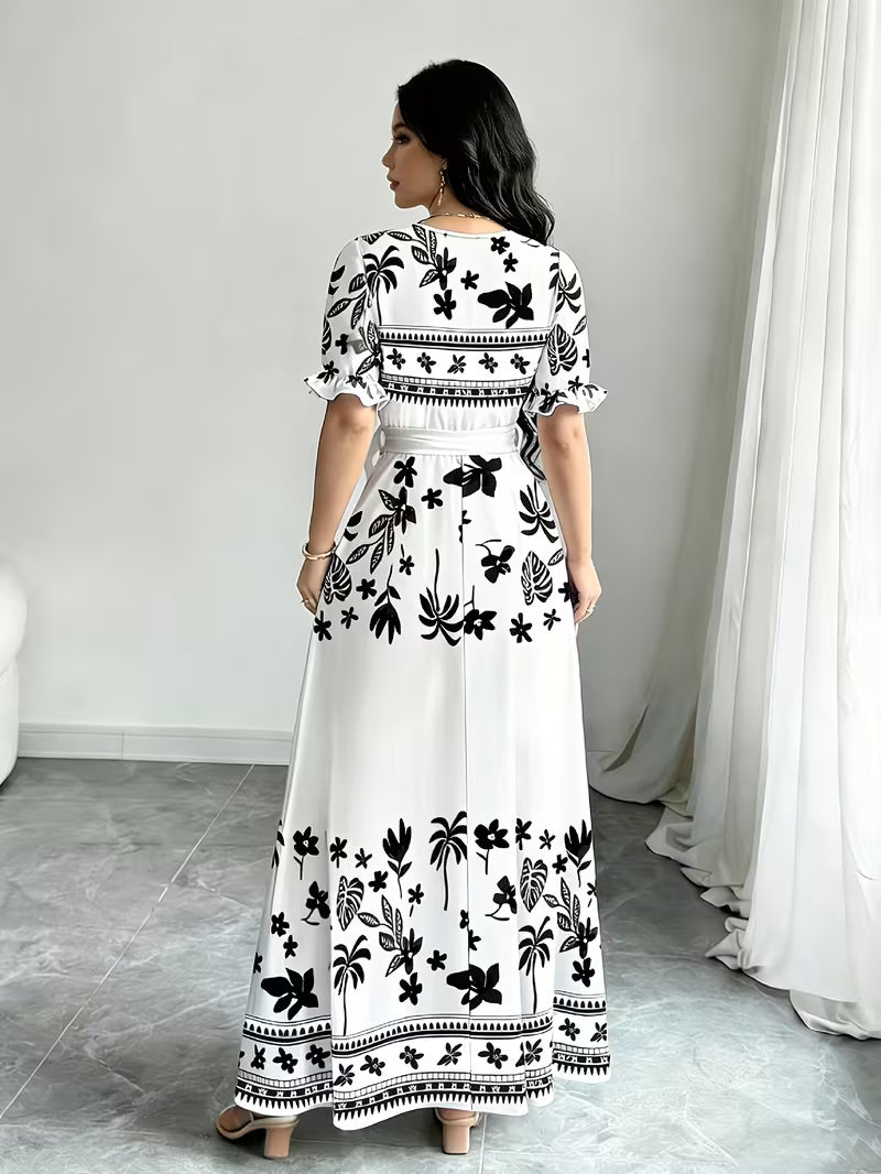 Women's Printed Belted Maxi Dress | Elegant Puff Sleeve Summer Dress