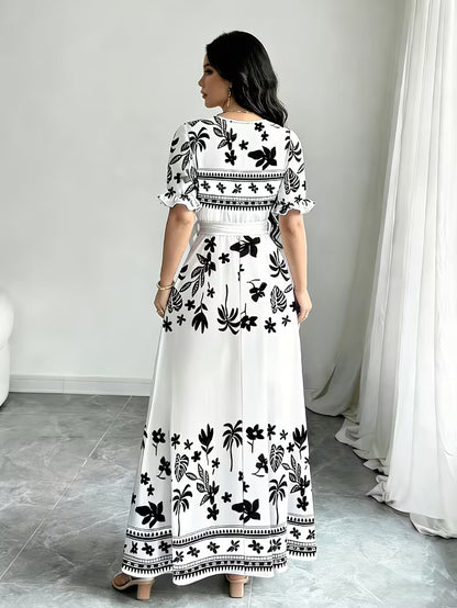Women's Printed Belted Maxi Dress | Elegant Puff Sleeve Summer Dress