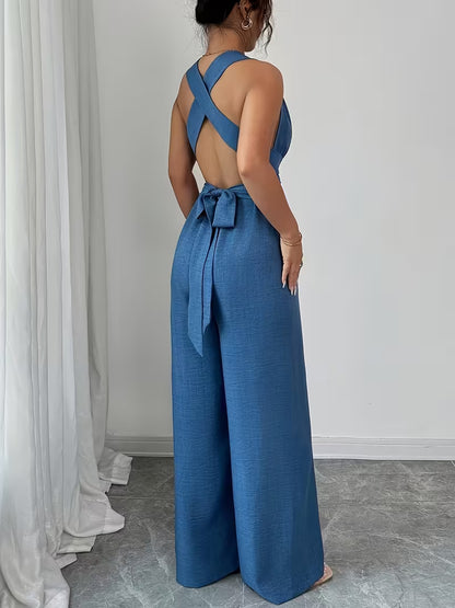 Elegant Cross-Back Wide Leg Jumpsuit for Women – Sleeveless Backless Casual Party Romper