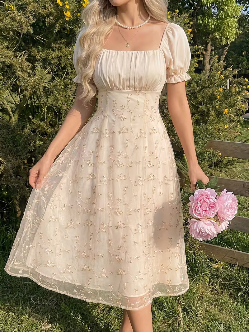 Women's Vintage Floral Puff Sleeve Midi Dress