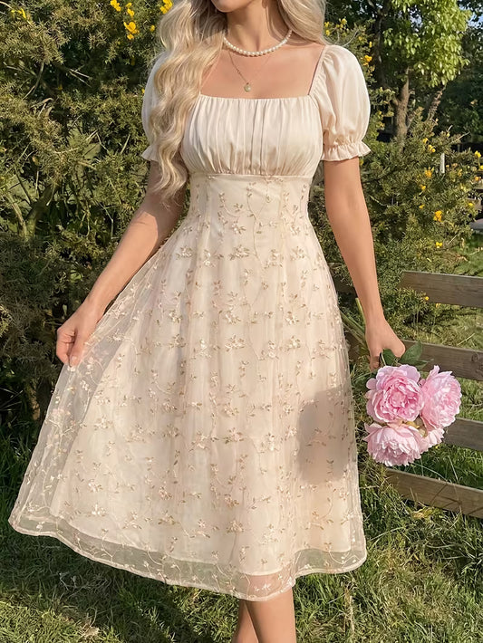 Women's Vintage Floral Puff Sleeve Midi Dress