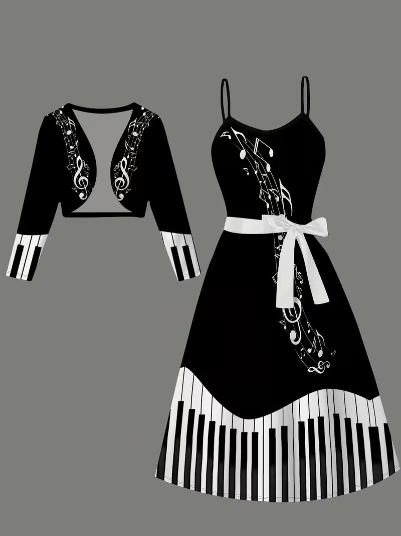 Women's 3D Geometric Print Coat & Dress Set | Elegant Black & White Gradient Outfit